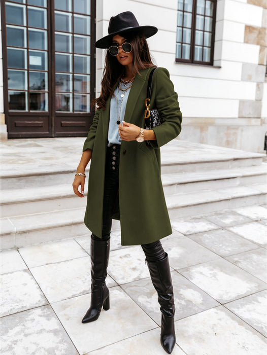 Color-Autumn Winter Solid Color Collared Mid Length Button Woolen Coat Outerwear Women-Fancey Boutique