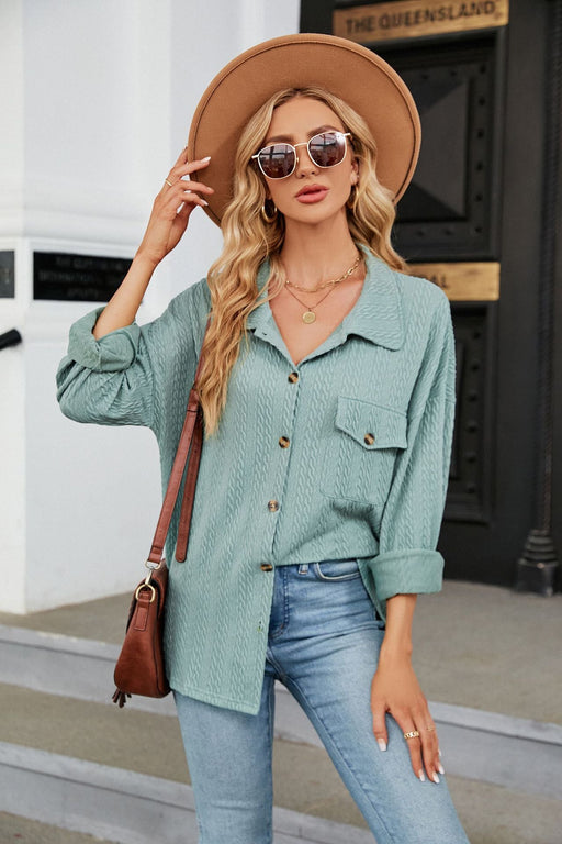 Color-Solid Color Polo Collar Button Pocket Long Sleeve Loose Fitting Coat Top Women-Fancey Boutique