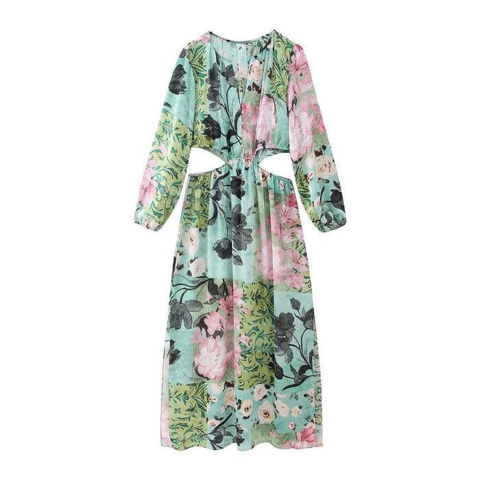 Color-Supply Spring Patchwork Printing Collared Long Sleeve Dress-Fancey Boutique