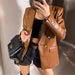 Color-Autumn Winter Women Faux Leather Double Breasted Blazer Loose Faux Leather-Fancey Boutique