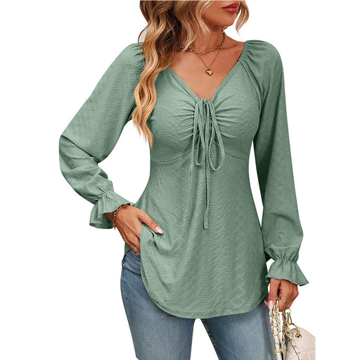 Color-Green-1-Fall Arrival Women Clothing V Neck Drawstring Girdle Sexy Long Sleeve Solid Color T Shirt-Fancey Boutique