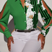 Color-Green-Women Spring and Summer New Printed Stitching Long sleeved Shoulder Shirt Top-Fancey Boutique