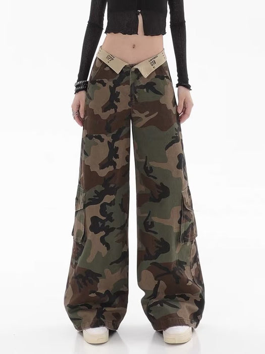 Color-Loose Personality Casual Wide Leg Trousers Autumn Waist Camouflage Cargo Pants Retro Easy Matching Trousers-Fancey Boutique