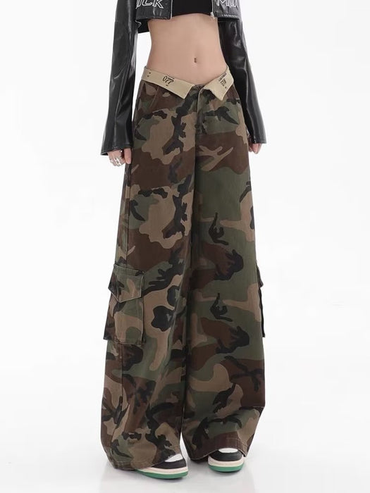 Color-Loose Personality Casual Wide Leg Trousers Autumn Waist Camouflage Cargo Pants Retro Easy Matching Trousers-Fancey Boutique