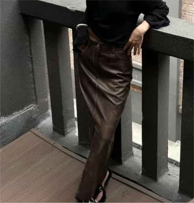 Color-Women Sexy Casual Versatile Split Leather Half Skirt-Fancey Boutique