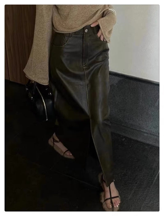 Color-Women Sexy Casual Versatile Split Leather Half Skirt-Fancey Boutique