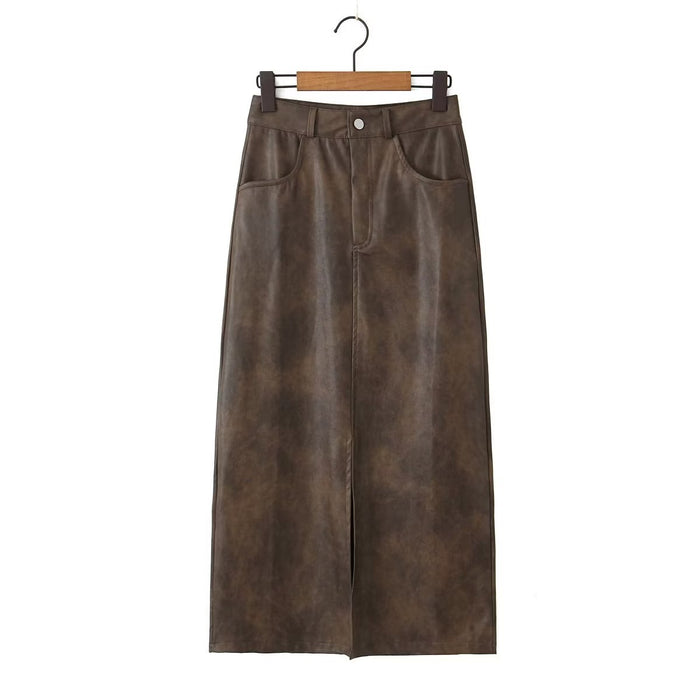 Color-Brown-Women Sexy Casual Versatile Split Leather Half Skirt-Fancey Boutique