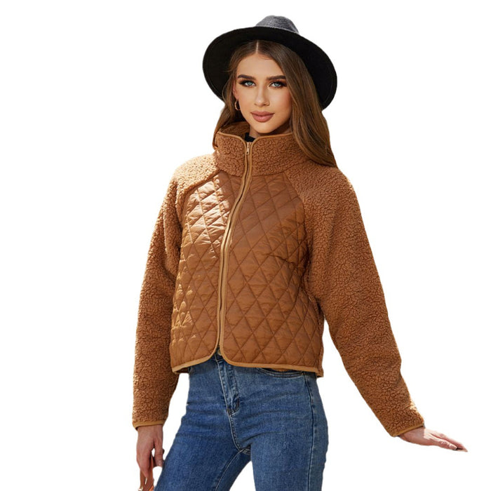 Color-Autumn Winter Women Clothing Cardigan Zipper Long Sleeve Plush Stitching Coat Women-Fancey Boutique