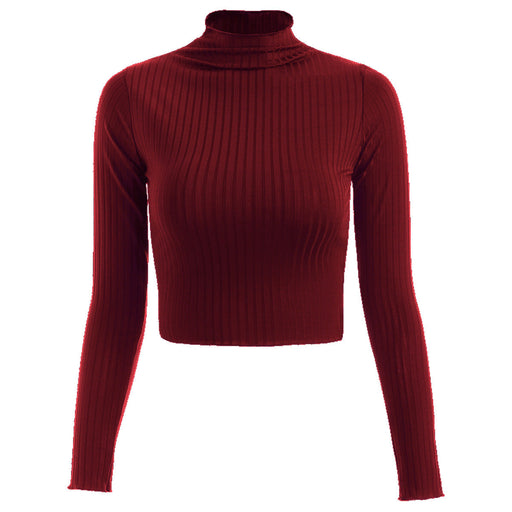 Color-Red-Autumn Winter Half-High Collar Solid Color Long-Sleeved Knitted T- Slim-Fit Women Cropped Top Sweater-Fancey Boutique