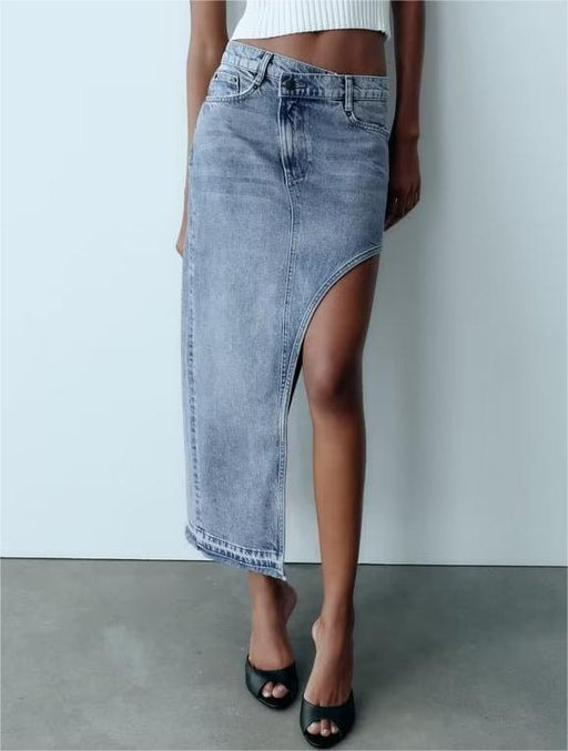 Color-Summer Women Clothing Personality Asymmetric Slit Design Denim Long Skirts-Fancey Boutique