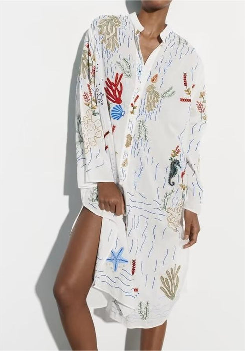 Color-Spring Summer Women White Embroidered Shirt Stand Collar Loose Single Breasted Long Shirt Dress-Fancey Boutique