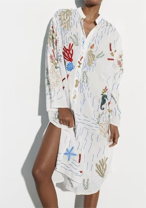 Color-Spring Summer Women White Embroidered Shirt Stand Collar Loose Single Breasted Long Shirt Dress-Fancey Boutique
