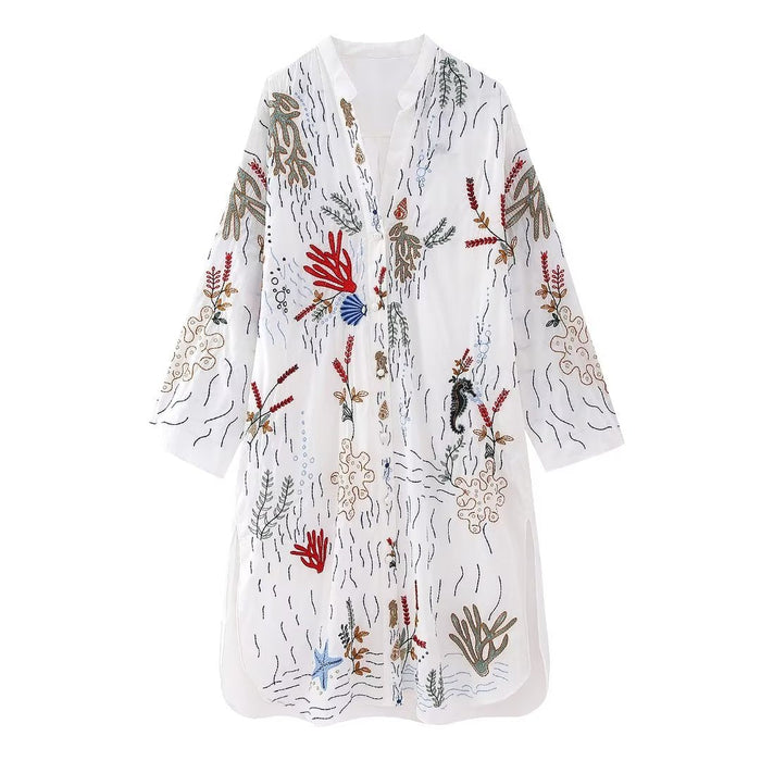 Color-Spring Summer Women White Embroidered Shirt Stand Collar Loose Single Breasted Long Shirt Dress-Fancey Boutique