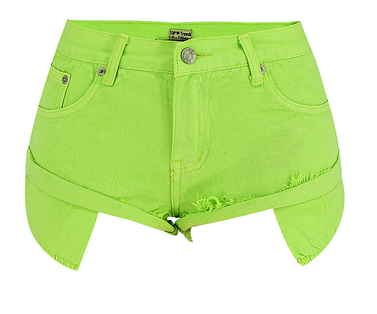 Color-Mustard Green-Women Clothing Low Waist Denim Shorts Decadent Loose Non-Elastic Curling Exposure Pocket Beach Pants Macaron Pink-Fancey Boutique