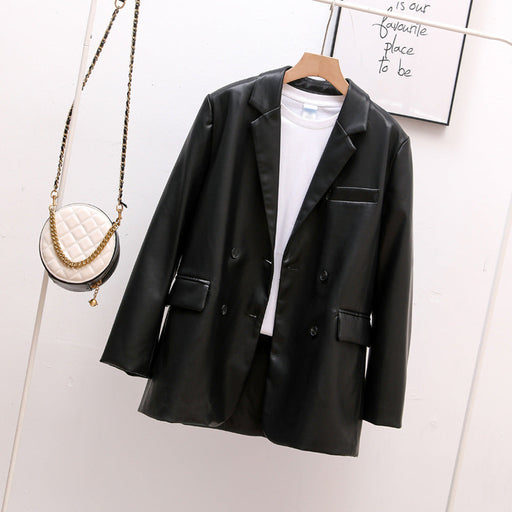 Color-Black-Autumn Faux Leather Profile Blazer Women Korean Faux Leather Loose Leather Jacket Retro Large Design Top-Fancey Boutique