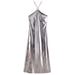 Color-Metallic Coated Fabric Autumn High Grade Cold Shoulder Sleeveless Bright Strap Metal Hanging Collar Dress-Fancey Boutique