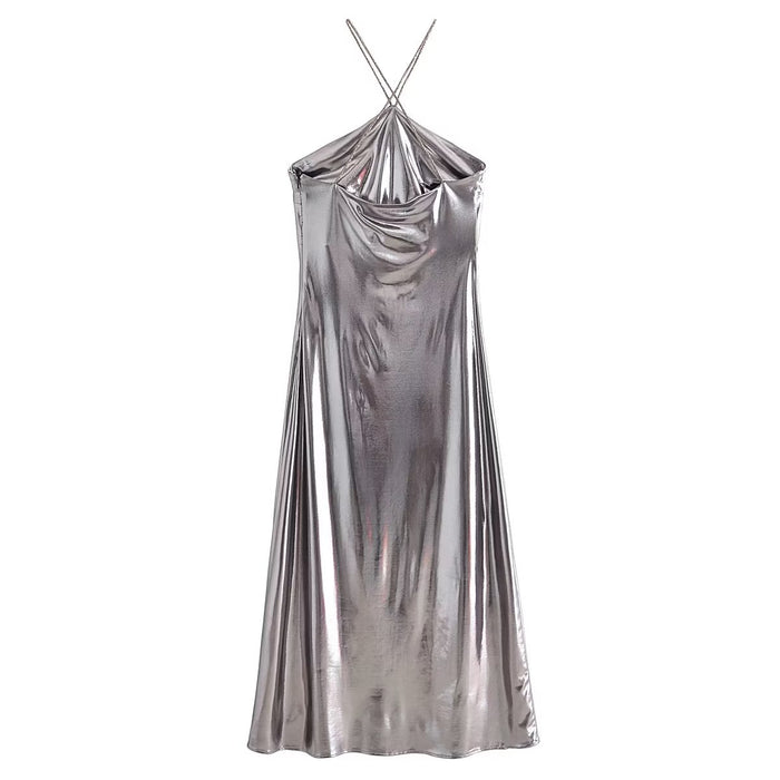 Color-Metallic Coated Fabric Autumn High Grade Cold Shoulder Sleeveless Bright Strap Metal Hanging Collar Dress-Fancey Boutique