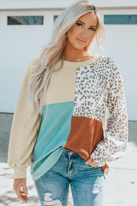 Color-Contrast Color Top Women Spring Autumn Leopard Print round Neck Long Sleeve Sweater Women-Fancey Boutique