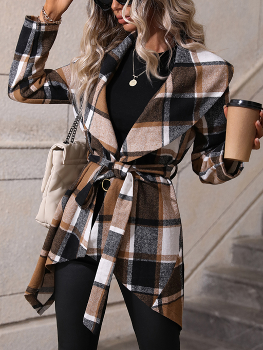 Color-Autumn Winter Long Sleeve V neck Buttons Plaid Printed Coat for Women-Fancey Boutique