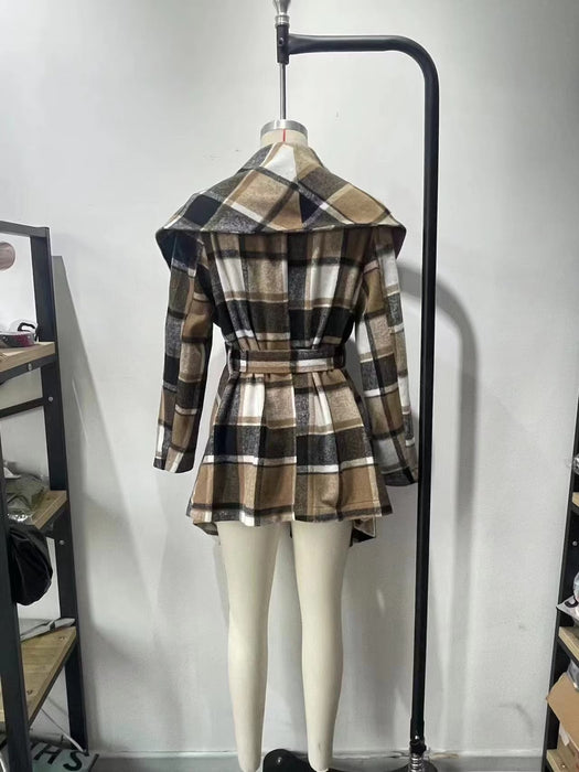 Color-Autumn Winter Long Sleeve V neck Buttons Plaid Printed Coat for Women-Fancey Boutique