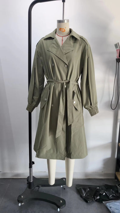 Color-Women Clothing Loose Double Breasted Coat Elastic Cuff Trench Coat-Fancey Boutique