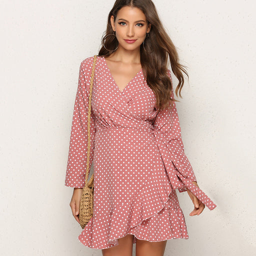 Color-Pink-Popular Sexy Polka Dot Ruffled Irregular Asymmetric Autumn Clothing Dress-Fancey Boutique