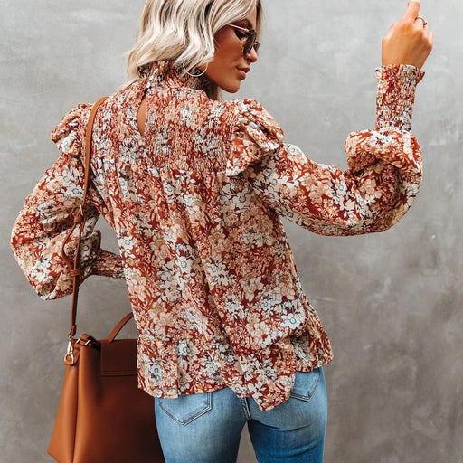 Color-Women New Pleated Turtleneck Small Floral Print Split Top Loose Turtleneck Shirt-Fancey Boutique