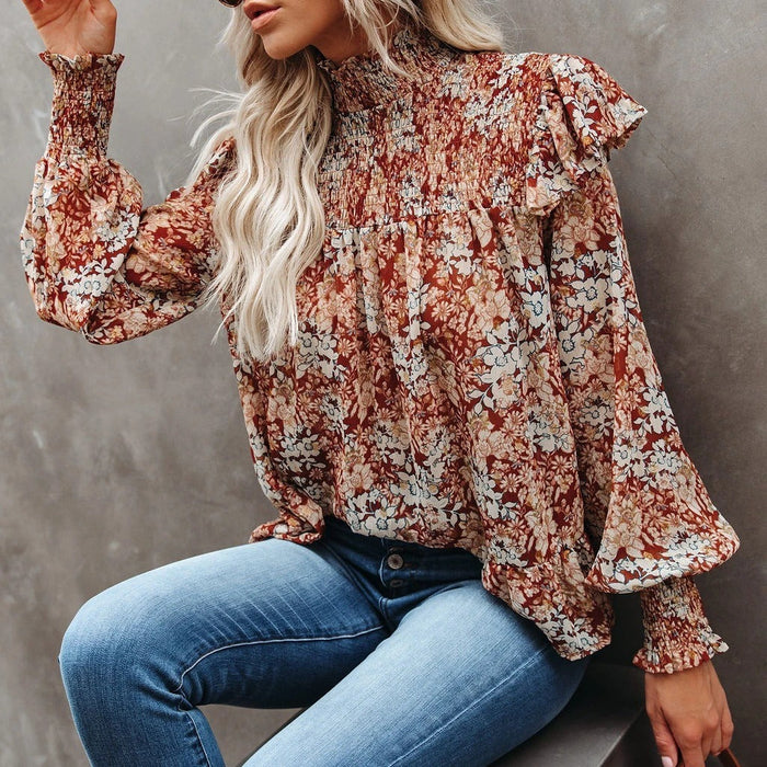 Color-Women New Pleated Turtleneck Small Floral Print Split Top Loose Turtleneck Shirt-Fancey Boutique