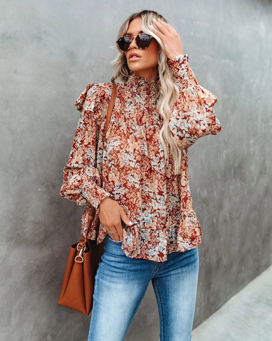 Color-Women New Pleated Turtleneck Small Floral Print Split Top Loose Turtleneck Shirt-Fancey Boutique