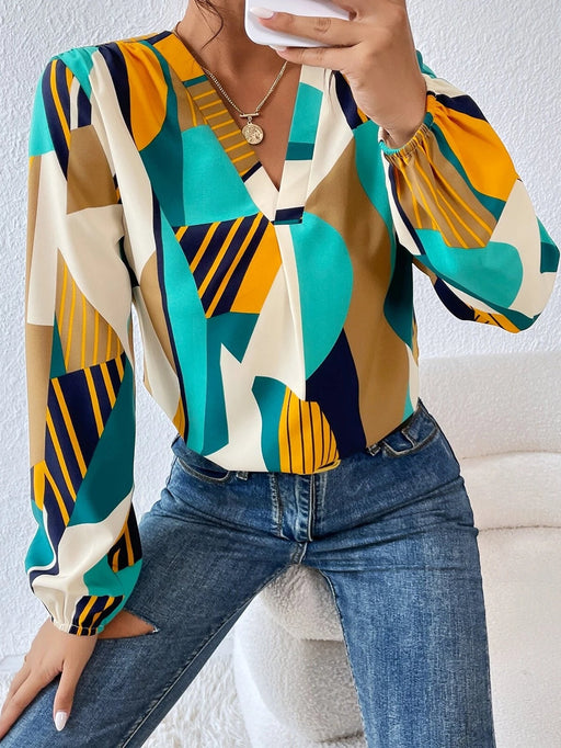 Color-Women New Spring and Autumn Elegant Geometric Print Long Sleeve Shirt-Fancey Boutique