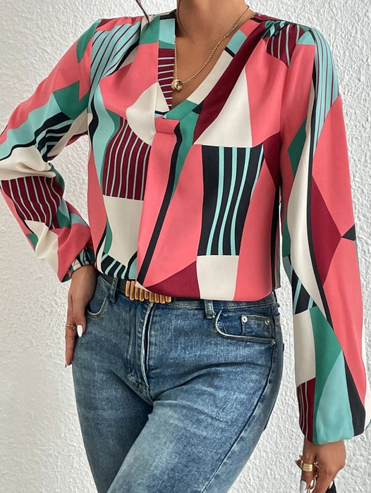 Color-Women New Spring and Autumn Elegant Geometric Print Long Sleeve Shirt-Fancey Boutique