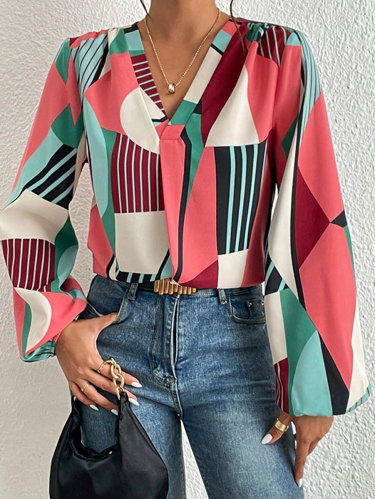 Color-Red-Women New Spring and Autumn Elegant Geometric Print Long Sleeve Shirt-Fancey Boutique