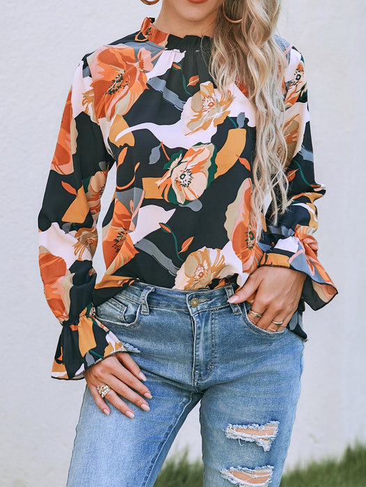 Color-Women New Spring and Autumn Casual Shirt with Ear Collar Print Long Sleeve Shirt-Fancey Boutique