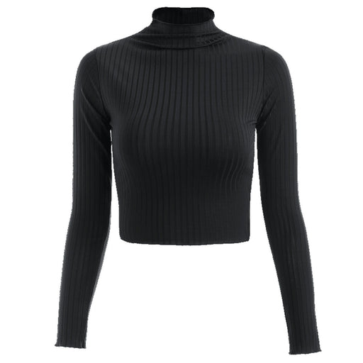 Color-Black-Autumn Winter Half-High Collar Solid Color Long-Sleeved Knitted T- Slim-Fit Women Cropped Top Sweater-Fancey Boutique