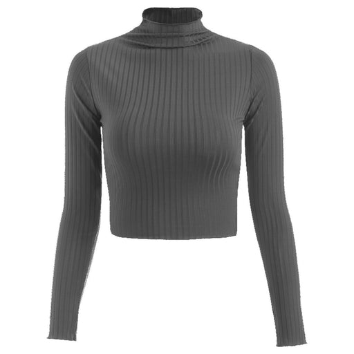 Color-Gray-Autumn Winter Half-High Collar Solid Color Long-Sleeved Knitted T- Slim-Fit Women Cropped Top Sweater-Fancey Boutique