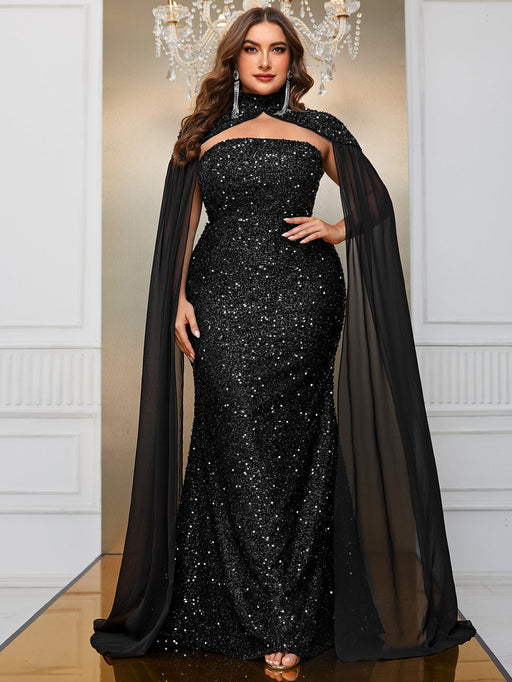Color-Black-Plus Size Senior Evening Dress Sequined Shawl Dress Elegant Cocktail Maxi Dress-Fancey Boutique