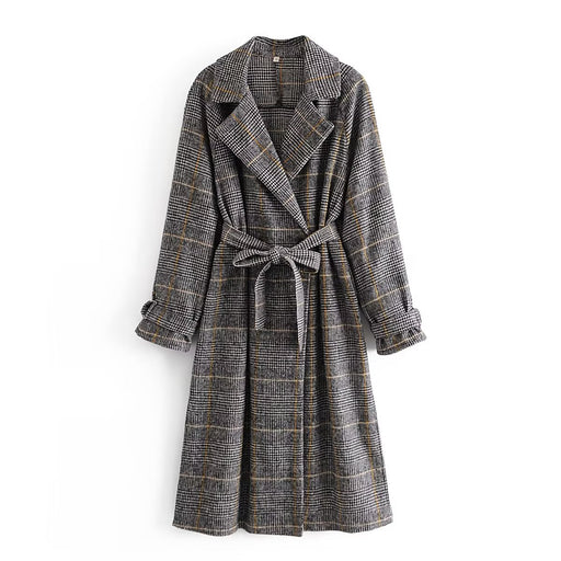 Color-Fall Women Clothing Waist Controlled Collared Plaid Coat Overcoat-Fancey Boutique