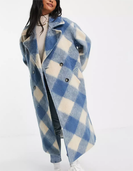 Color-Women Clothing Collared Double Row Ornament Loose Blue Plaid Coat Coat-Fancey Boutique