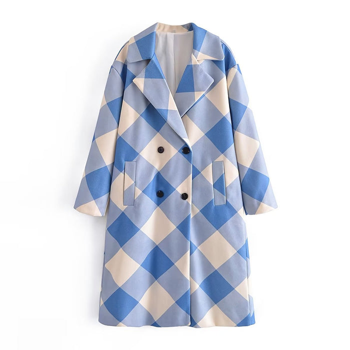 Color-Women Clothing Collared Double Row Ornament Loose Blue Plaid Coat Coat-Fancey Boutique