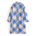 Color-Women Clothing Collared Double Row Ornament Loose Blue Plaid Coat Coat-Fancey Boutique