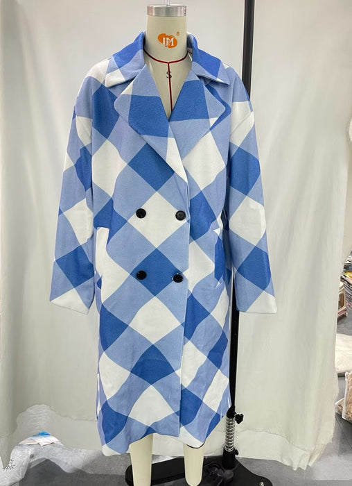 Color-Women Clothing Collared Double Row Ornament Loose Blue Plaid Coat Coat-Fancey Boutique