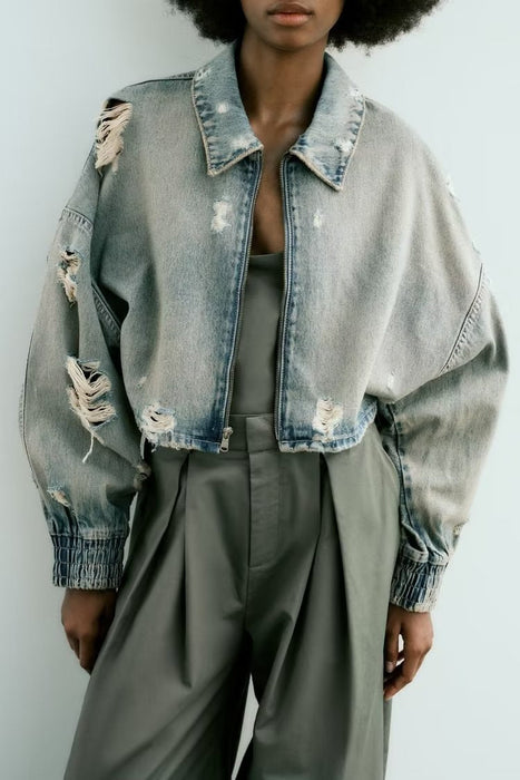 Color-Autumn Women Collared Worn Looking Washed out Perforated Hole Decoration Denim Short Jacket-Fancey Boutique