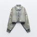 Color-Autumn Women Collared Worn Looking Washed out Perforated Hole Decoration Denim Short Jacket-Fancey Boutique