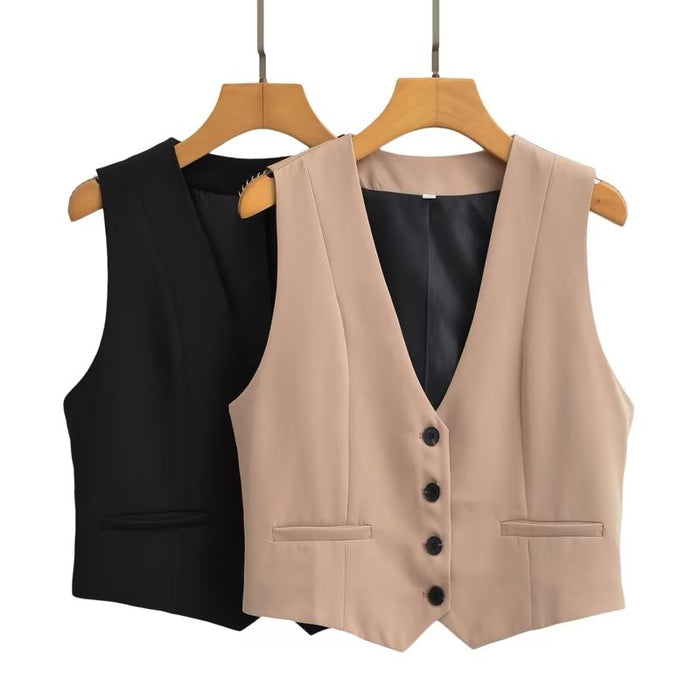 Color-Autumn Women Clothing Short Solid Color Vest Waistcoat-Fancey Boutique