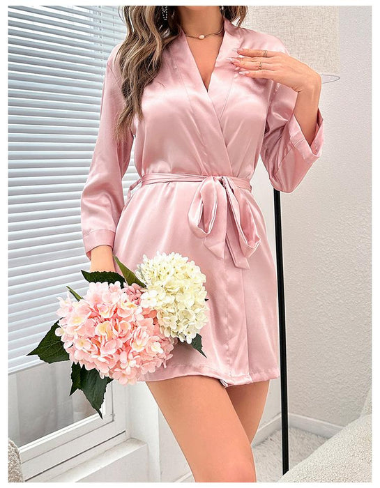 Color-Pajamas Women Summer Women Lace Up Bathrobe Sexy Morning Gowns Homewear Can Be Worn Outside Ice Silk Robe-Fancey Boutique