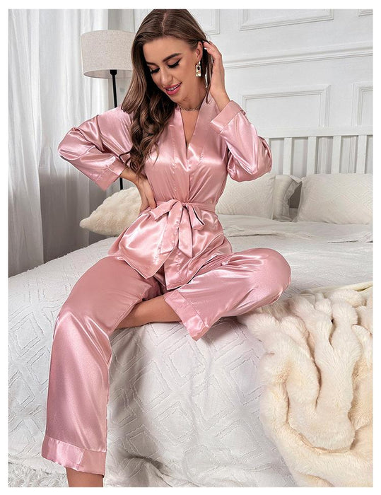 Color-Long Sleeved Trousers Homewear Suit Simple Lace Pajamas Two-Piece Summer Thin Women Ice Silk Pajamas-Fancey Boutique