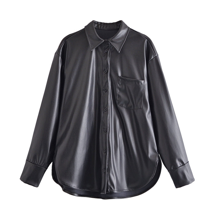 Color-Black-Fall Women Clothing Street Urban Casual Faux Leather Shirt Faux Leather Shirt-Fancey Boutique