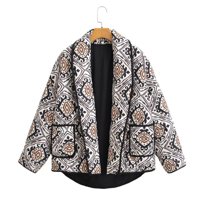 Color-Autumn Winter Women Clothing Retro Stitching Printing Pocket No Buckle Cotton Jacket Short Coat-Fancey Boutique