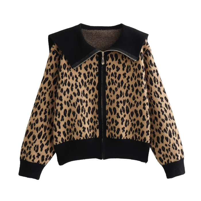 Color-Women Clothing Leopard Jacquard Large Collared Zipper Knitted Cardigan Coat-Fancey Boutique