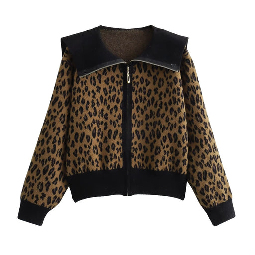 Color-Women Clothing Leopard Jacquard Large Collared Zipper Knitted Cardigan Coat-Fancey Boutique